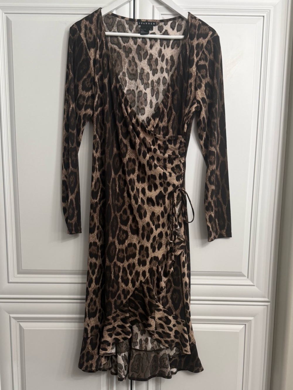 SPANNER Large V-Neck Leopard Print Long Sleeve Faux Wrap Dress - Brown + Black